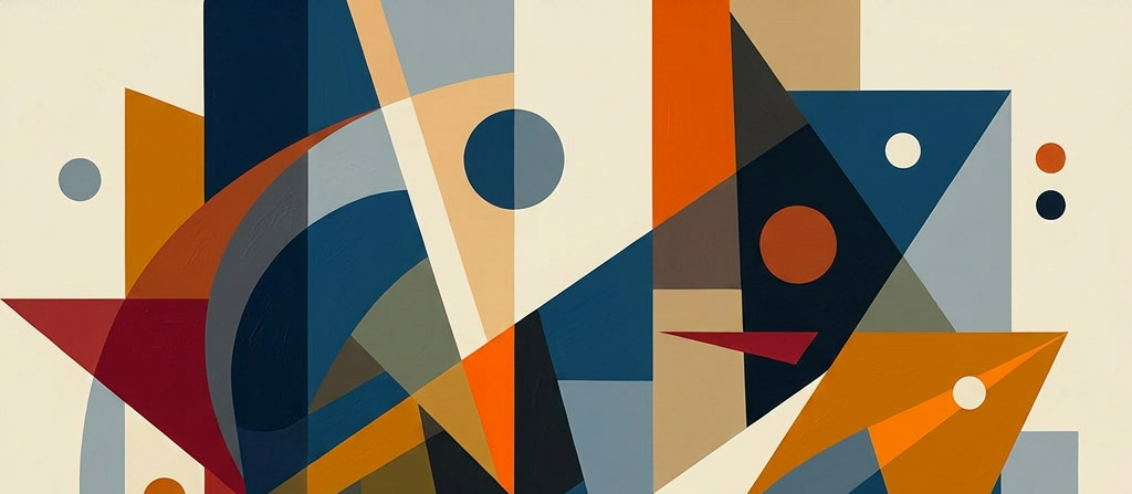 Abstract painting with overlapping geometric shapes in blue, orange, beige, and black tones.